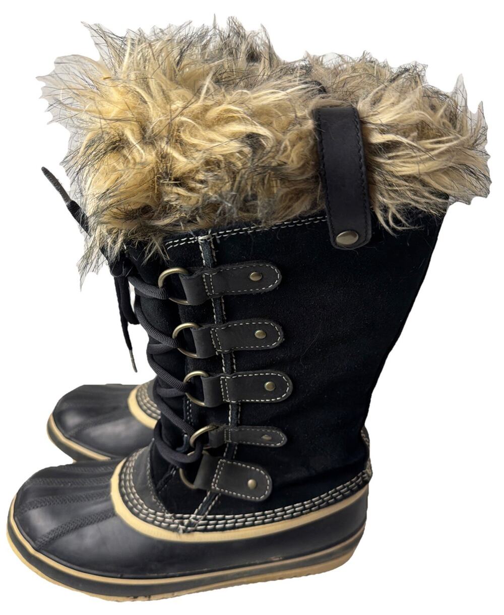 Sorel Joan of Arctic Boots 7.5 Waterproof Winter Snow Boots Fur Trim Black/Tan